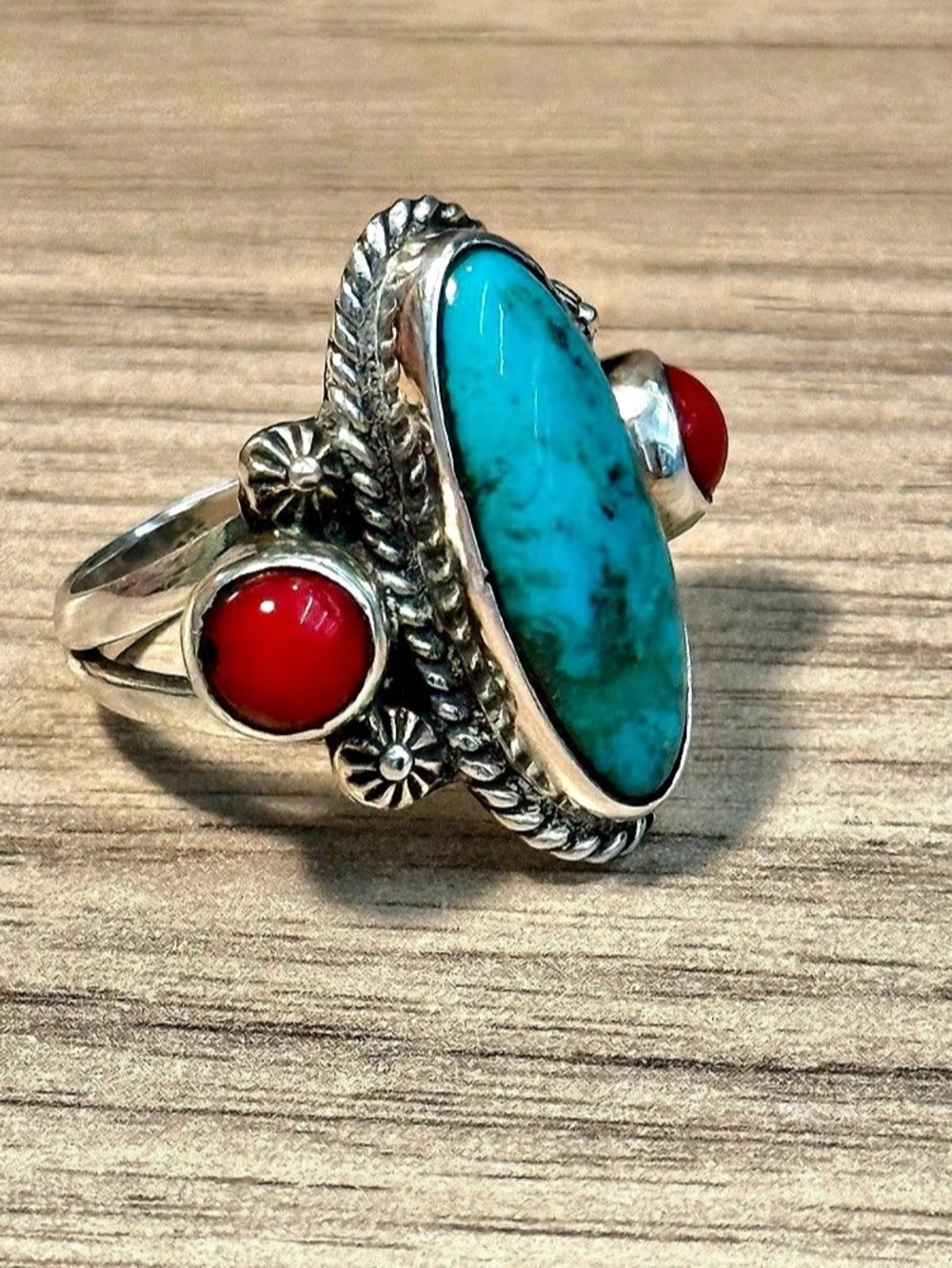 Vintage Sterling Silver Turquoise & Red Coral Ring Size 8